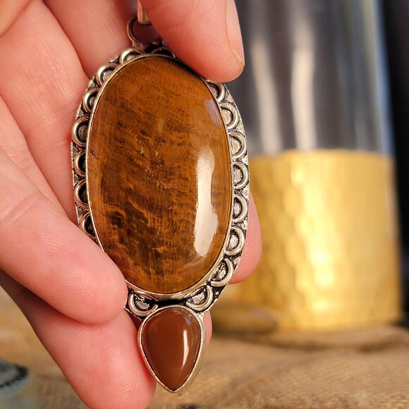 Earthy Sterling Silver Petrified Wood Pendant with Carnelian Drop - Picture 7 of 10